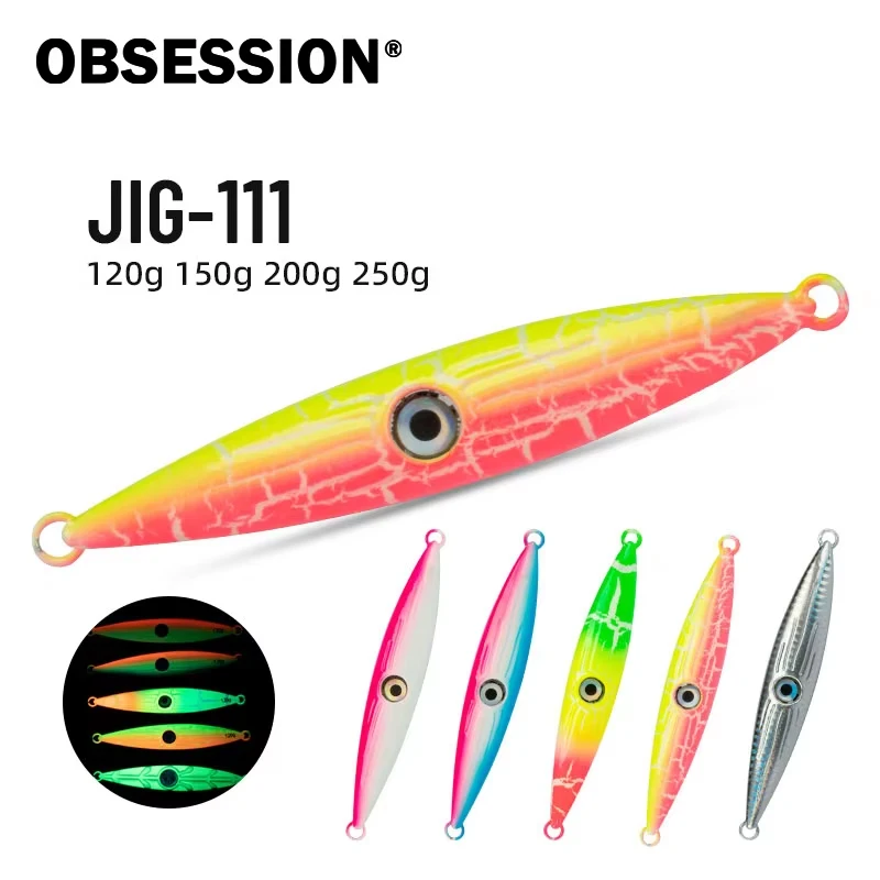 OBSESSION J111-señuelo de Metal Artificial para pesca en agua salada, cebo de hundimiento con luz LED, 120g, 150g, 200g, 250g