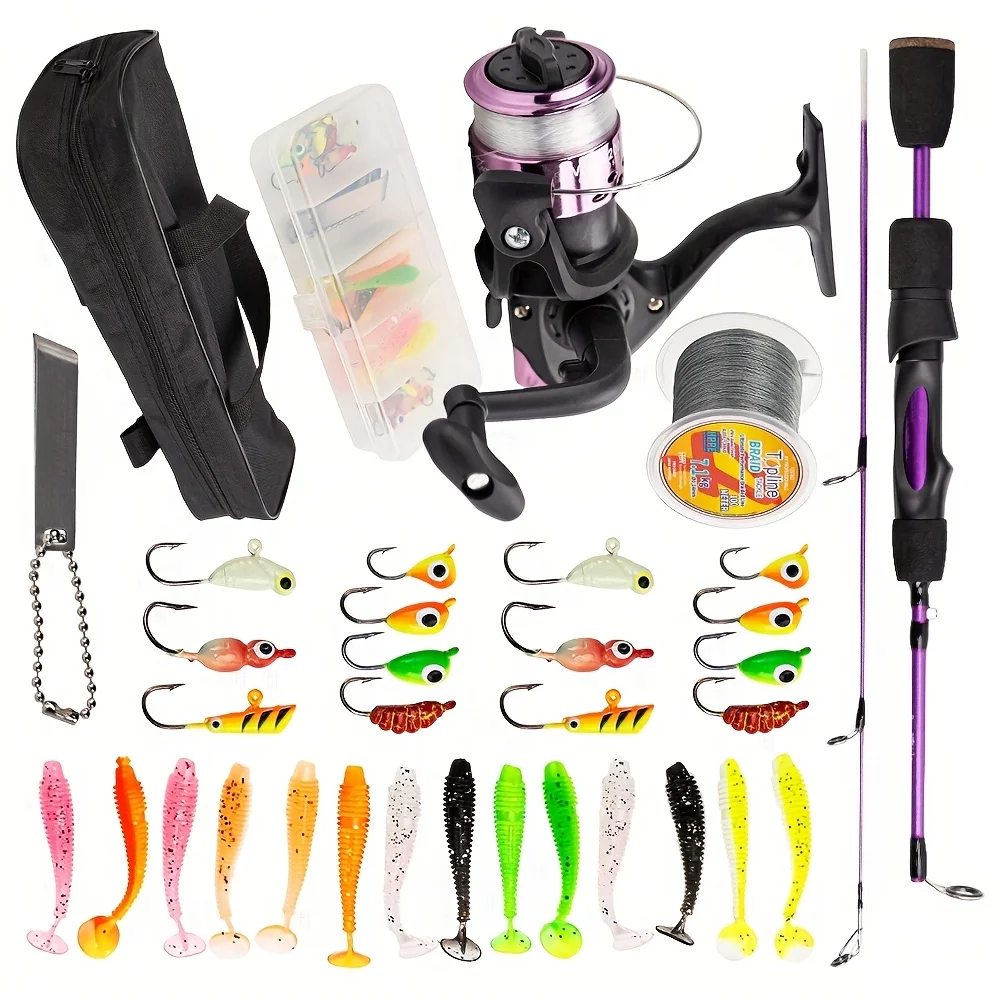 Juego de postes de viaje, sedal, caña de pescar en hielo, carrete, señuelo, azul/rojo/púrpura/amarillo, caña de pescar en hielo para invierno, Mini poste - imagen 3