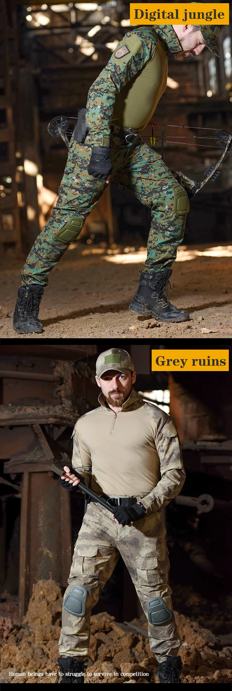 Dos estilos diferentes de ropa y equipo de camuflaje, cada uno etiquetado con un entorno diferente. En la parte superior, con la etiqueta Digital Jungle, hay una persona que lleva un traje de camuflaje con un patrón diseñado para mezclarse con el entorno de la jungla.