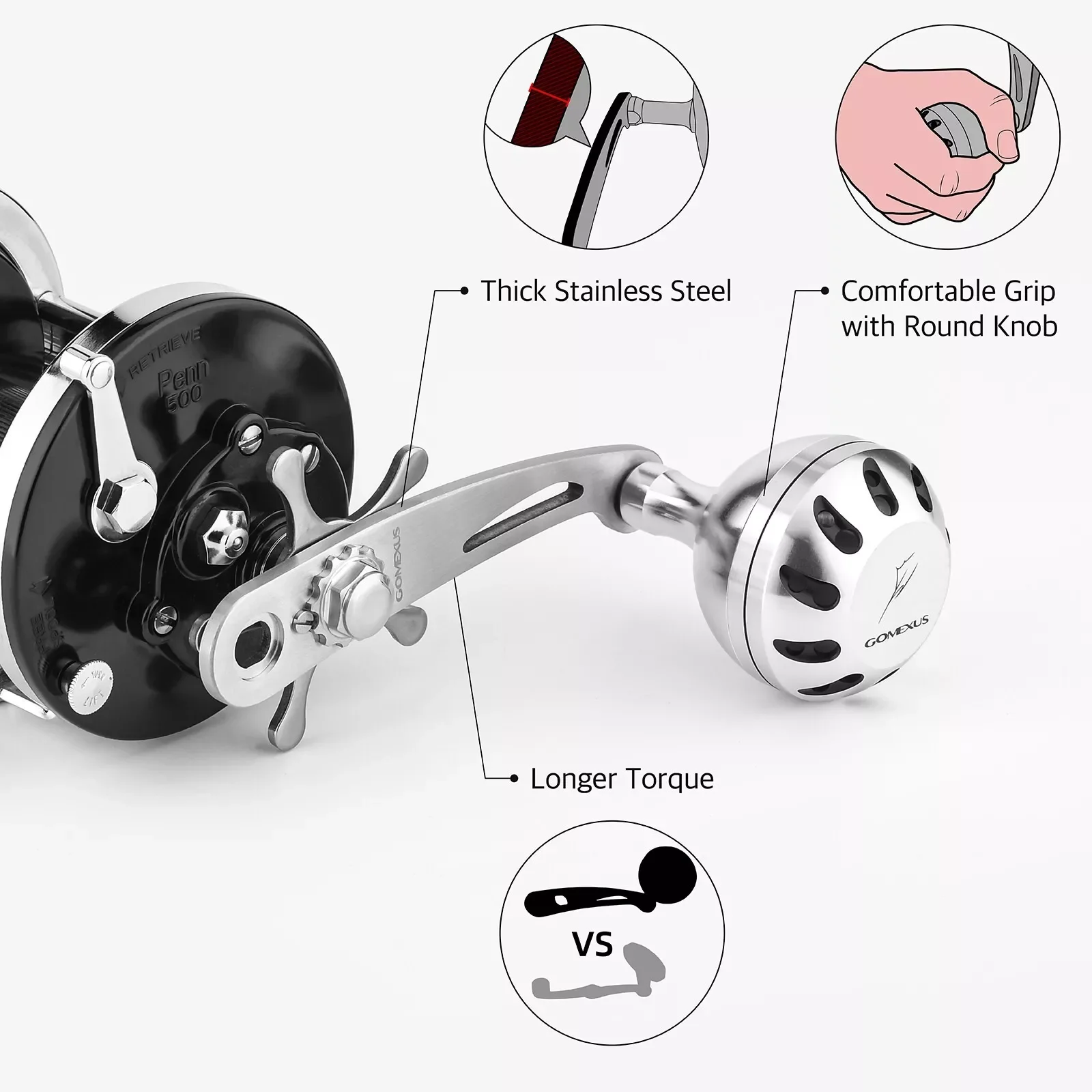 Manija de alimentación Gomexus para carrete convencional Penn Senator 112H(3/0) de 92 mm con perilla redonda de aluminio de 45 mm - imagen 3