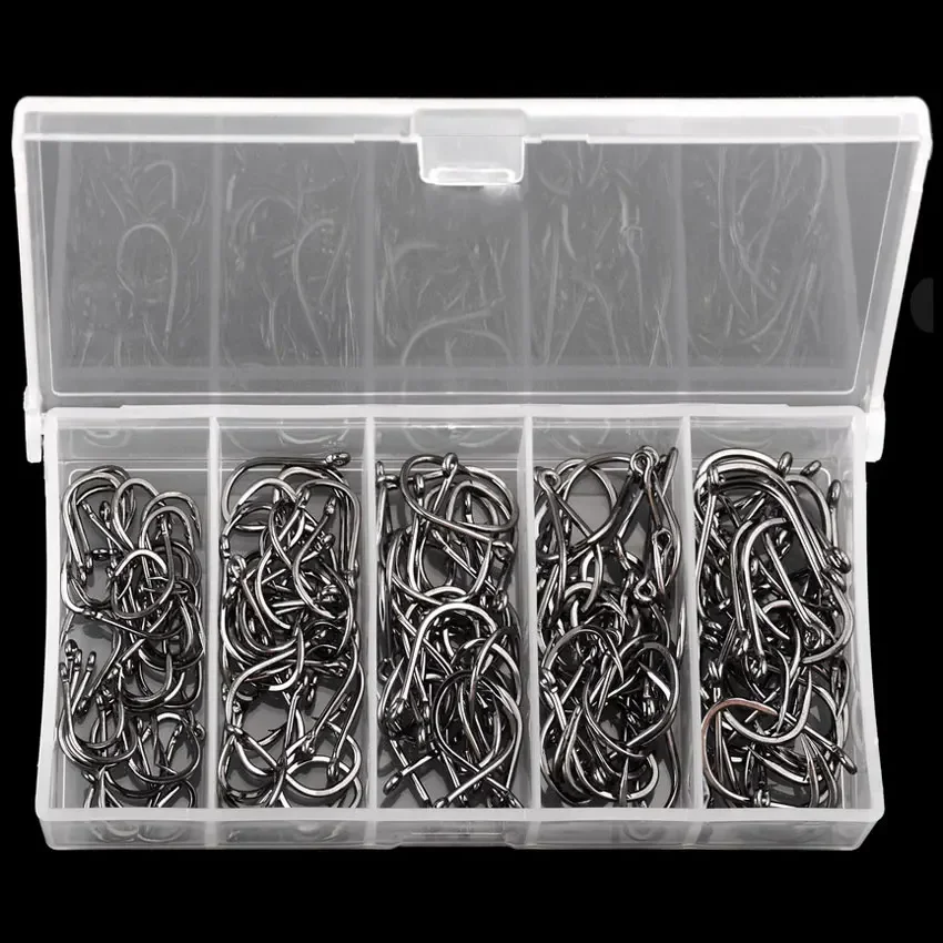 Juego de anzuelos de pesca, caja de 50/100/150 Uds., 5 series, anzuelo de pesca de un solo círculo de acero rico en carbono, pesca con mosca, anzuelos de carpa con púas Jip - imagen 2