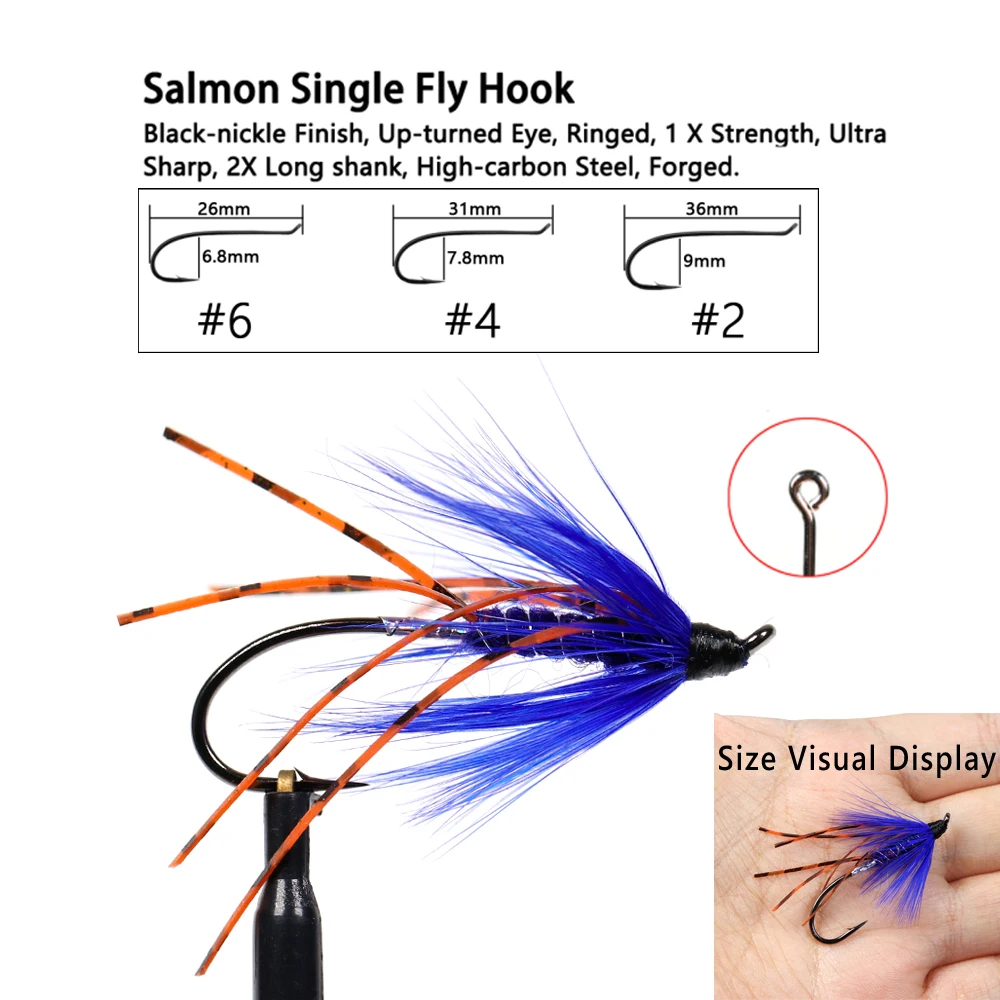 Bimoo-Señuelos de Pesca de agua dulce, 6 piezas, #2, #4, #6, azul, clásico, Mosca de acero, Arco Iris, marrón, gris, salmón - imagen 3
