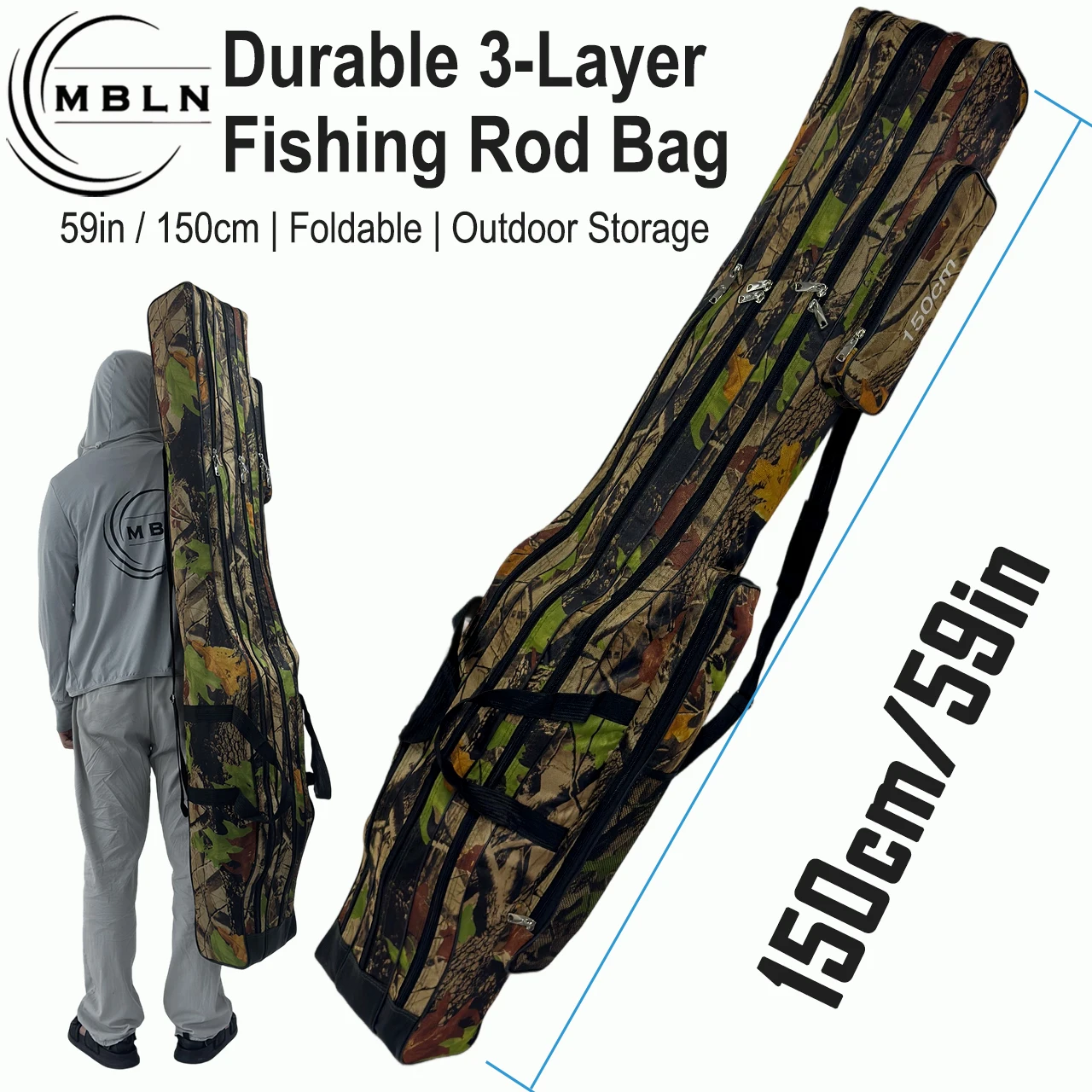 Bolsa plegable para caña de pescar camuflaje – 3 capas con bolsillos