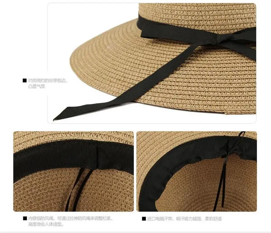 Sombreros de Sol de paja con lazo de ala ancha para mujer y niña, sombrero de playa plegable flexible, protección UV, viaje al aire libre, Verano - imagen 3