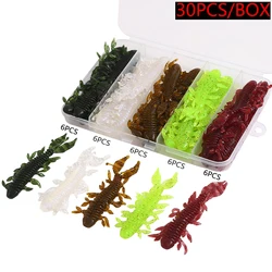 30 unids/caja de Señuelos de Pesca de carpa con camarones, cebos blandos con cola de doble hoja, Wobblers artificiales para lubina, Swimbait