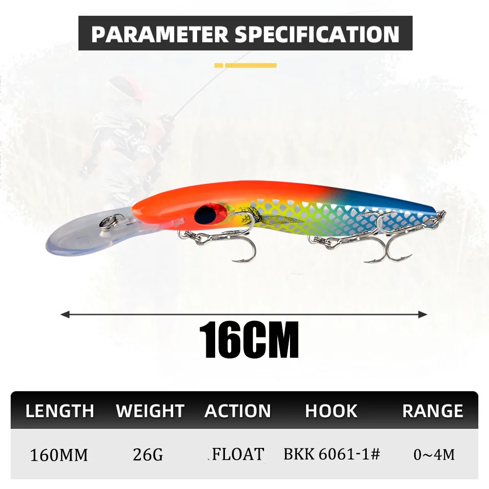 Señuelos de pesca flotantes de pececillo, 160mm, 26g, Wobblers de fundición larga para lubina de agua dulce, Swimbait, cebo duro Artificial, aparejos Jerkbait - imagen 5