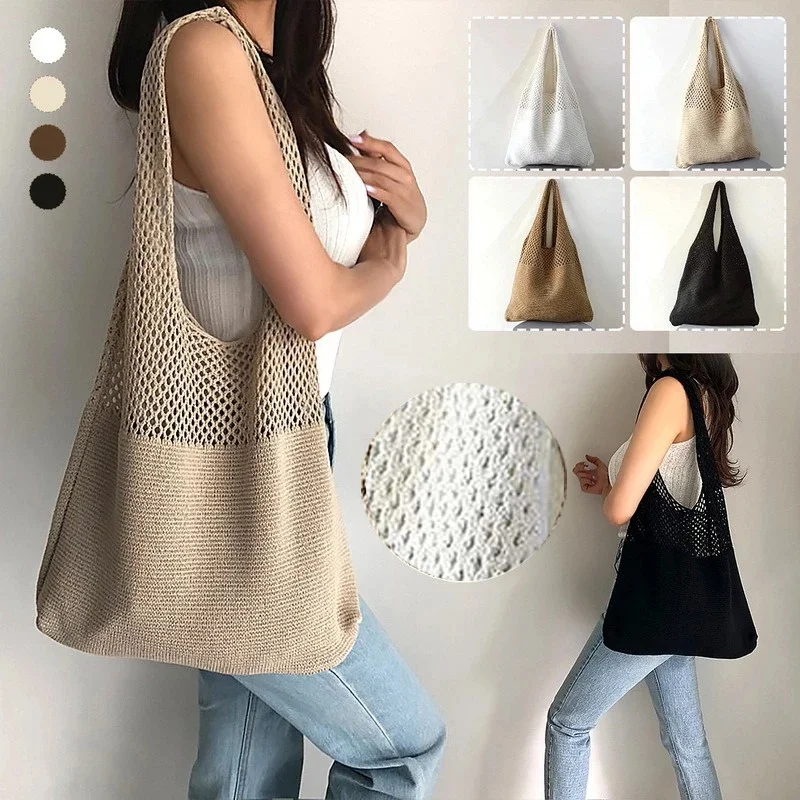 Bolsos de mano trenzados de tejido hueco Vintage de verano para mujer, bolsos de hombro, bolso de playa, bolso de mano de gran capacidad