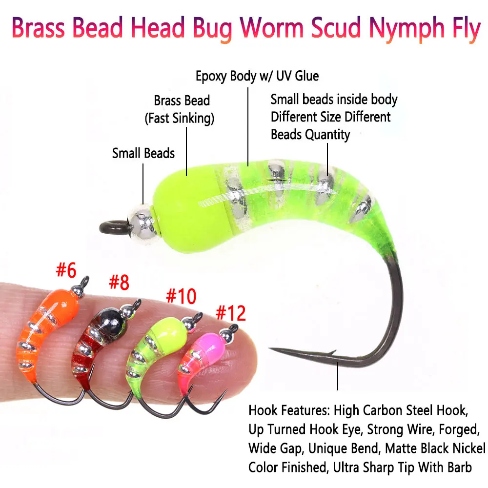 Señuelos de pesca en hielo, 5 uds., cabeza de cuentas de latón de hundimiento rápido, gusano, Scud, Ninfa, mosca Caddis Pupa, mosca húmeda, trucha, grayling # 6 # 8 # 10 # 12 - imagen 4