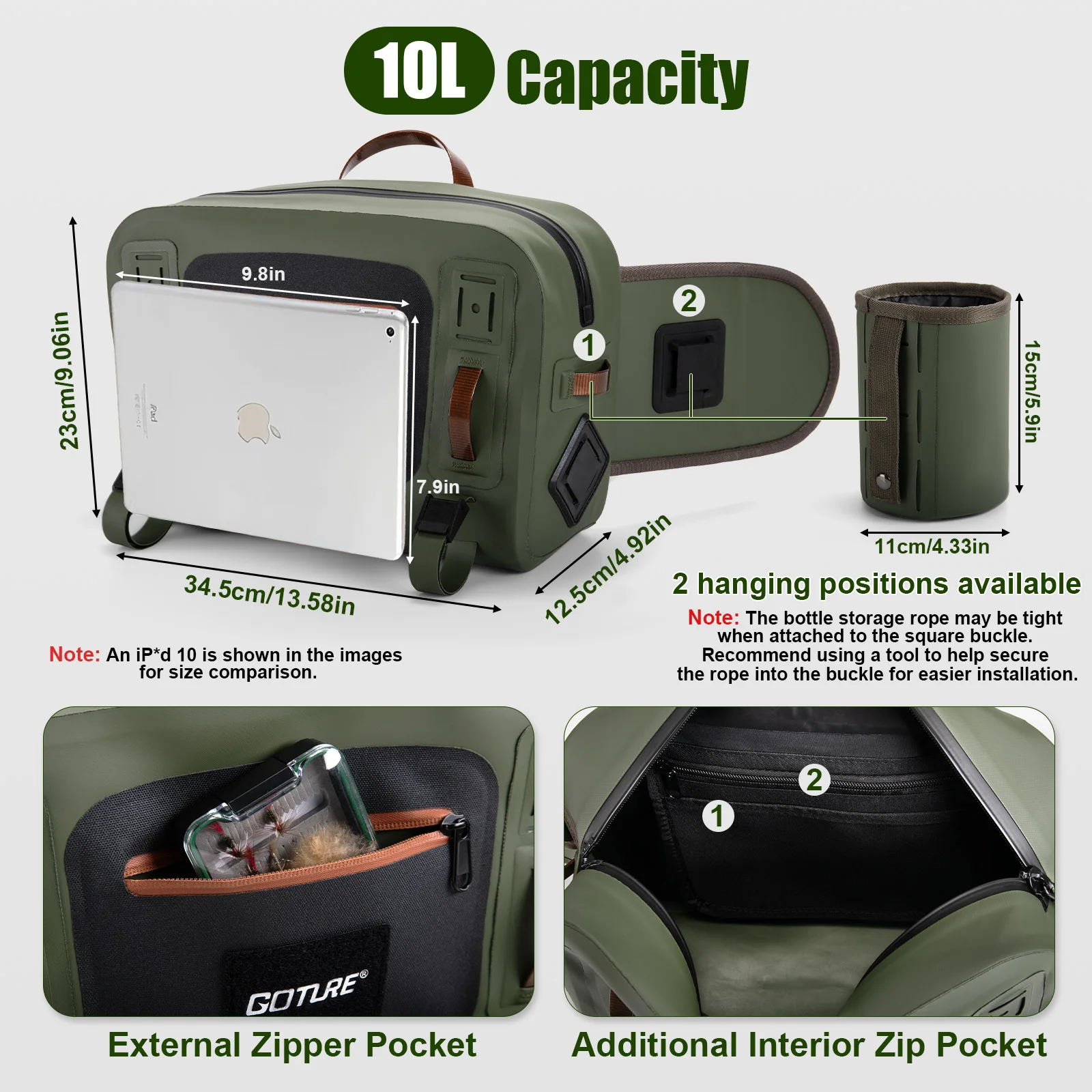 Goture-riñonera impermeable para pesca con mosca, 10L, 34,5x23x12,5 cm, ultraligera, con múltiples bolsillos, bolsa de pecho para pesca con estante para caña de almacenamiento - imagen 5