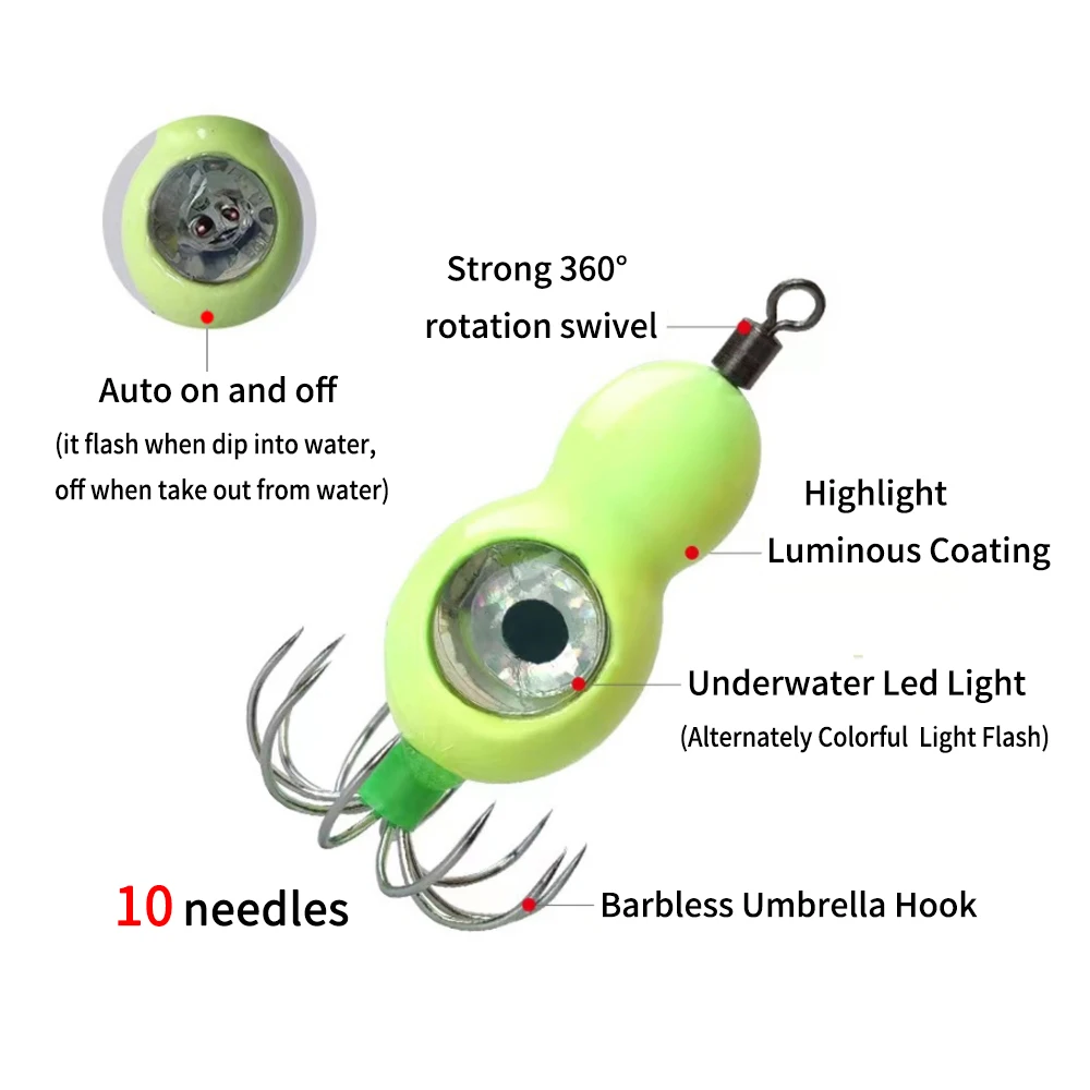 Ellllv-señuelo de calamar de 37g -94g, luz LED integrada sin púas, 10 agujas, anzuelo de plantilla para paraguas, cebo de pesca luminoso de pulpo y sepia - imagen 3