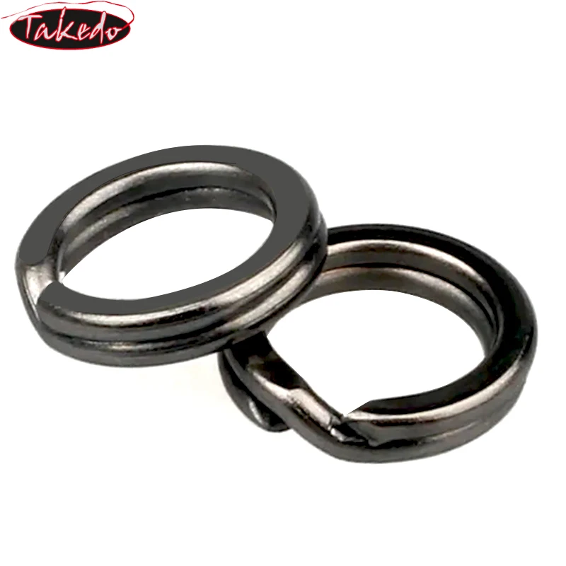 TAKEDO 100 unids/bolsa, recién llegado, matraz de níquel negro, doble anillo dividido, accesorios de pesca de acero inoxidable, conector, Señuelos de Pesca