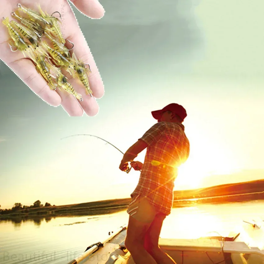 Cebo Artificial de silicona para camarones luminosos, simulación de gambas suaves con ganchos, aparejos de pesca Wobbler de carpa/señuelo/accesorios, 10 Uds. - imagen 4