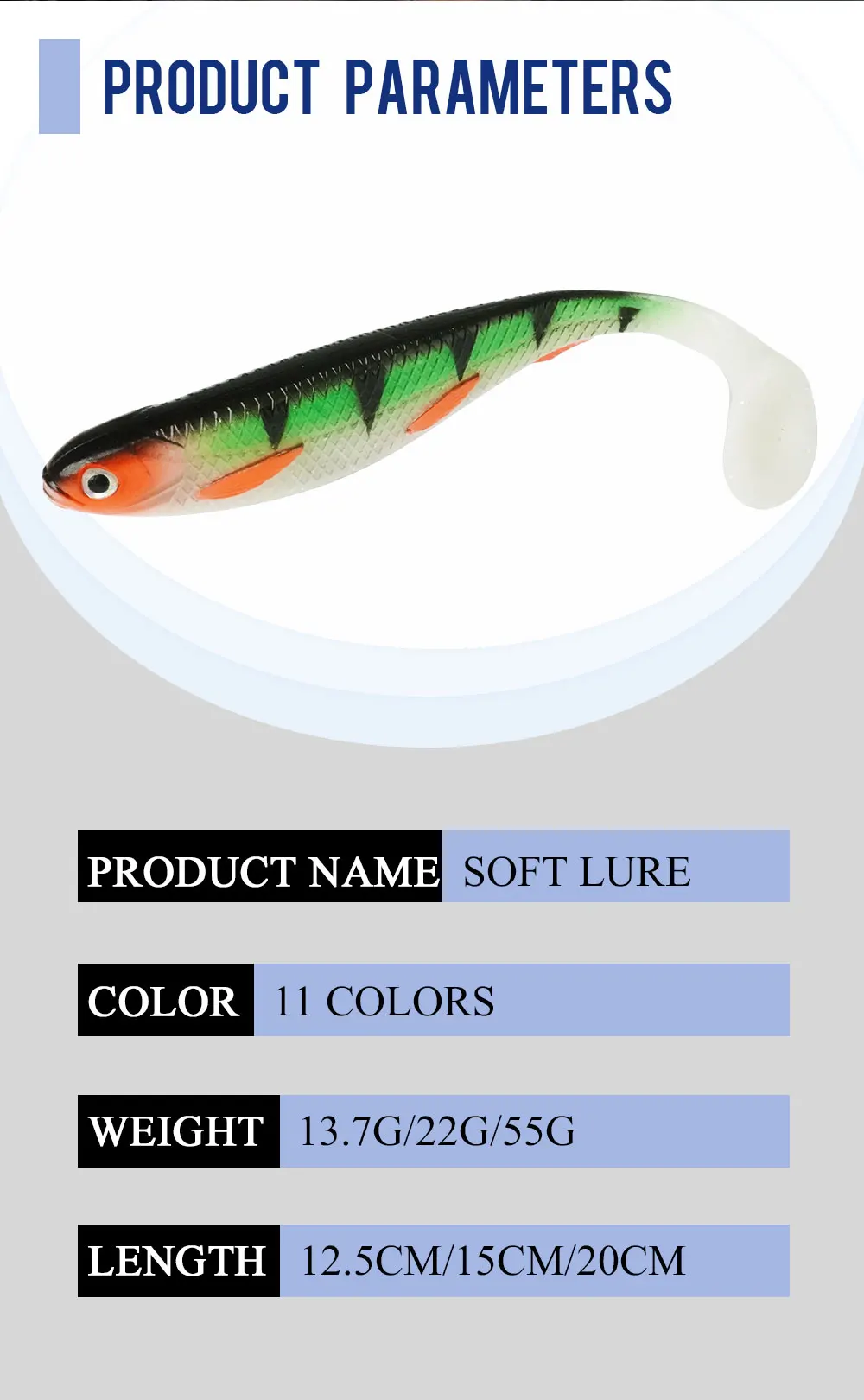 Experimente la mejor aventura de pesca con nuestro señuelo suave disponible en 11 colores vibrantes y con un peso de 13