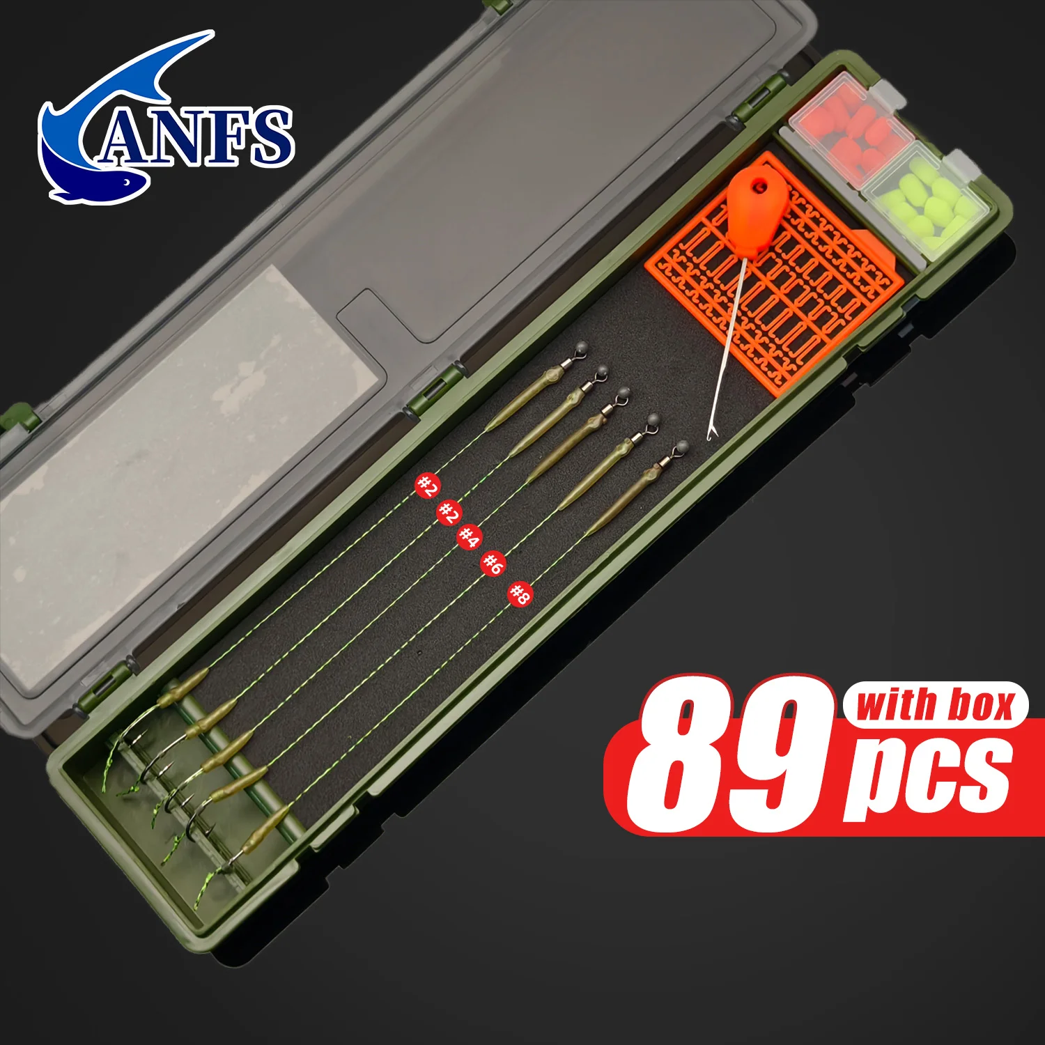 89 Uds. Caja organizadora de accesorios de pesca de carpa que incluye 5 uds. De aparejos para el cabello con gancho, 1 Uds. De agujas de cebo, 20 cebos, 63 Uds. De tapones