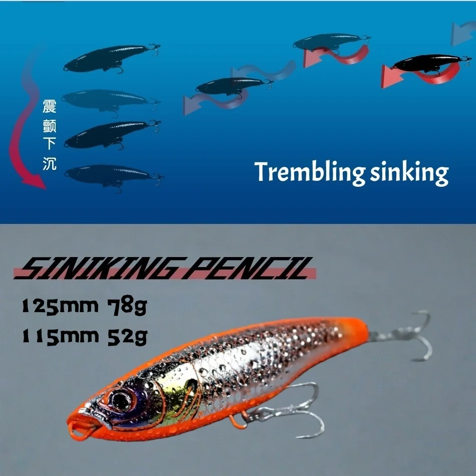 Swolfy, 1 unidad, 115mm, 52g, 125mm, 78g, lápiz de fundición larga para agua salada, señuelo de pesca que se hunde, cebo de mar Artificial, aparejos adhesivos - imagen 3