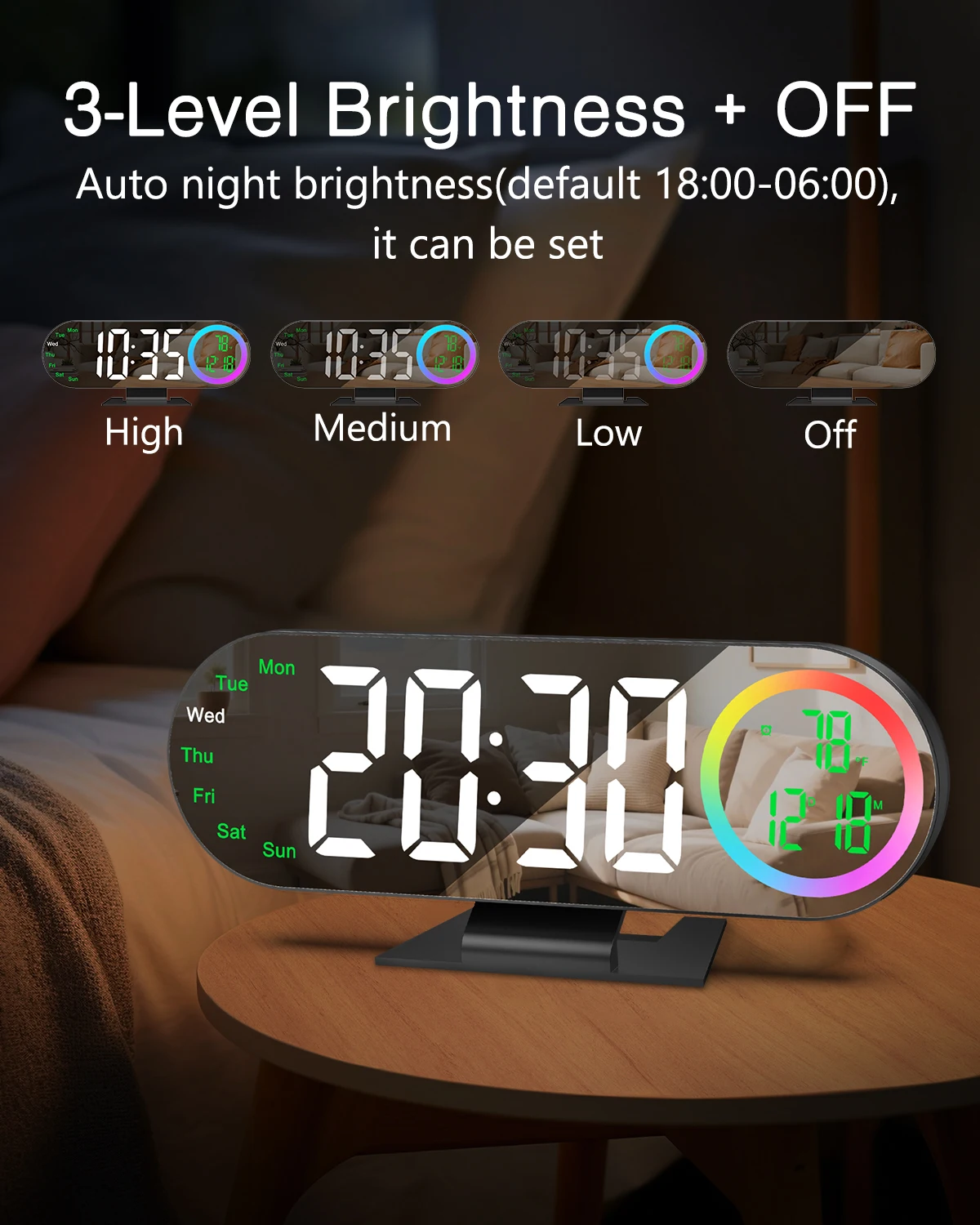 Reloj de espejo LED ORIA con alarma, luz RGB y temperatura para hogar - imagen 3