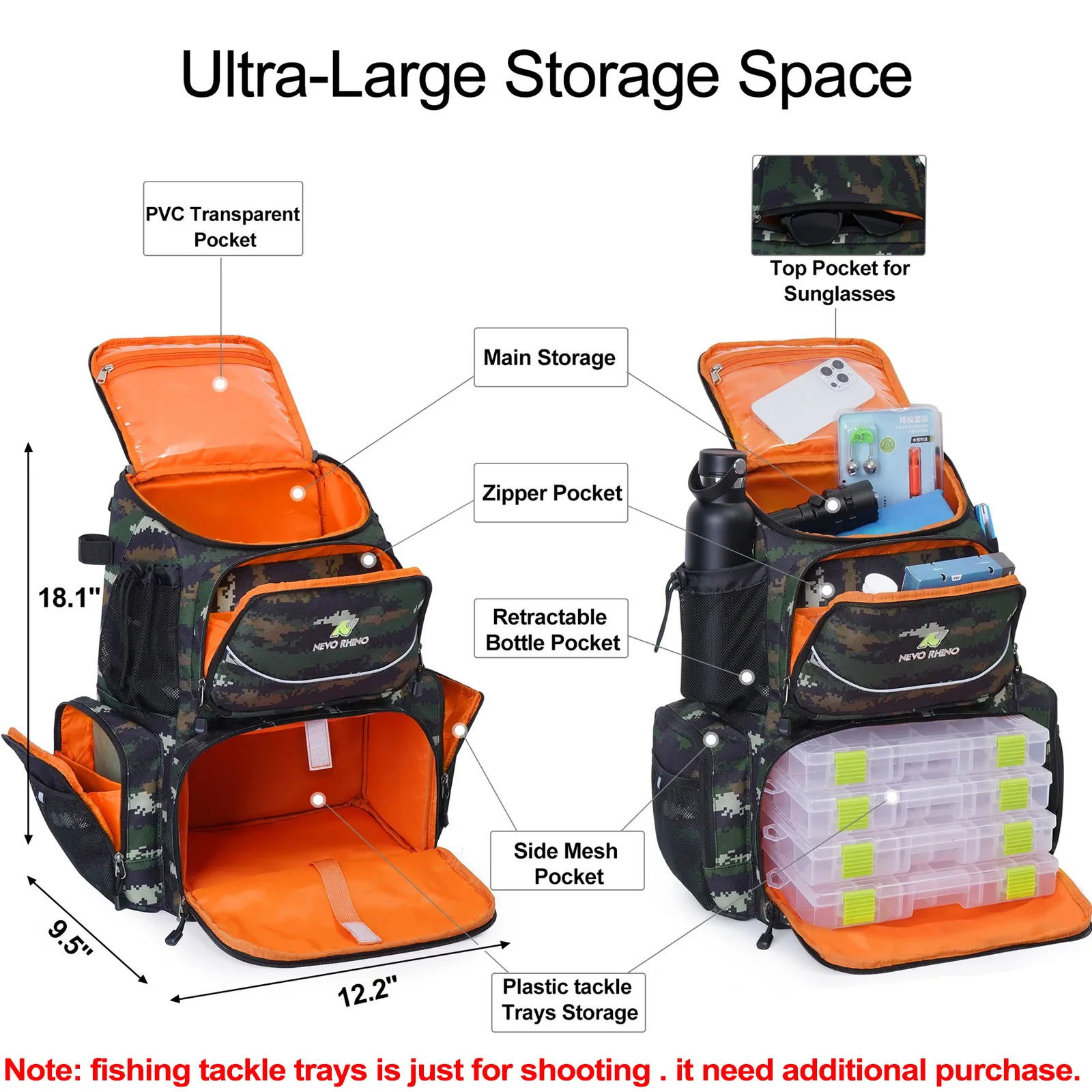 Mochila GRANDE para aparejos de pesca y acampada, bolsa de señuelo impermeable con cubierta protectora para la lluvia, bolsa táctica, paquete de pesca multifunción - imagen 4