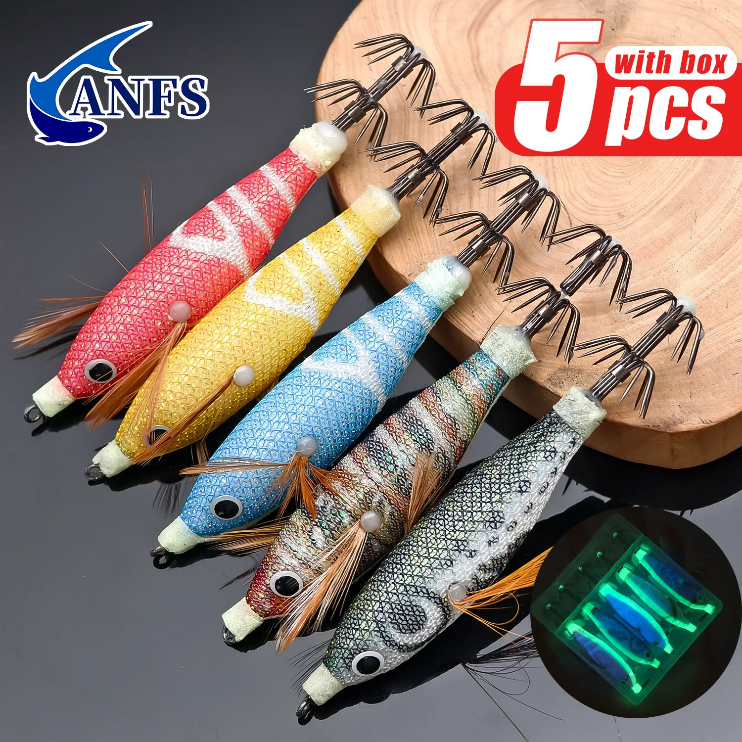 ANFS Señuelos horizontales para camarones, plantilla de calamar, señuelos de gambas para pesca de pulpo y sepia, 5 uds. Con caja de almacenamiento - imagen 2