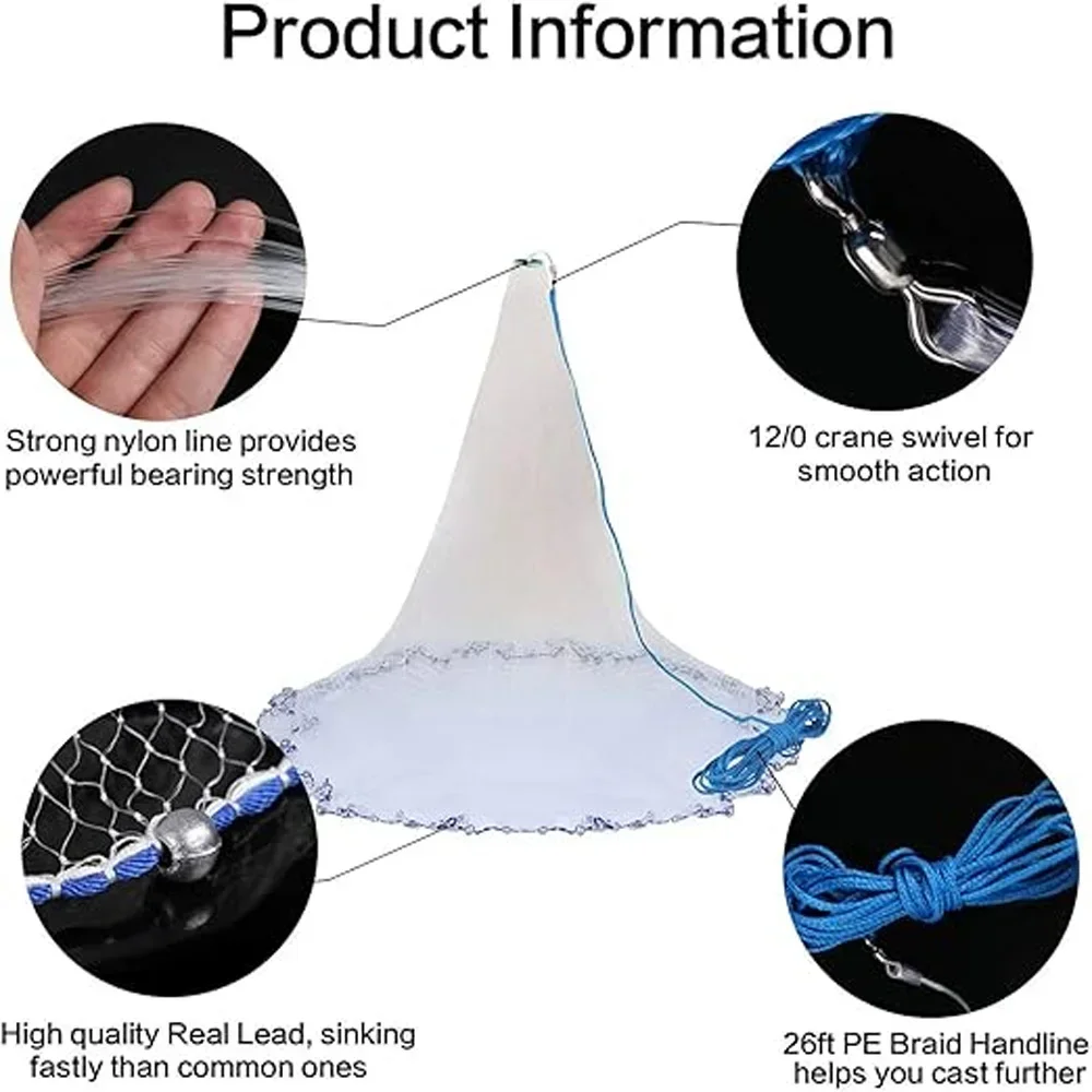 Red de pesca de agua salada americana Goture, trampa de cebo de tamaño de malla pequeña, redes de peso para lanzar peces, redes de pesca para lanzar a mano - imagen 2