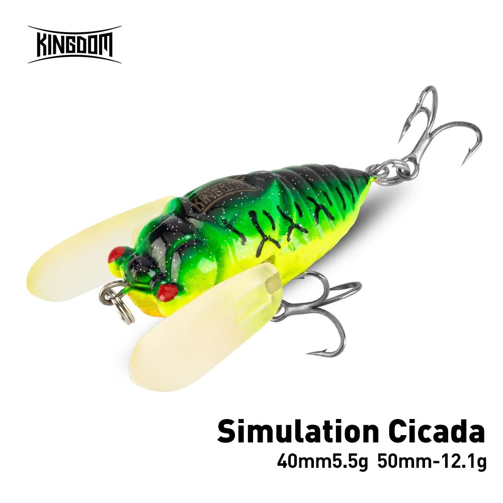 Señuelos de pesca Kingdom Cicada Topwater 40mm 55mm cebo duro flotante agua salada insecto biónico Swing Wobbler para pesca de Lucio