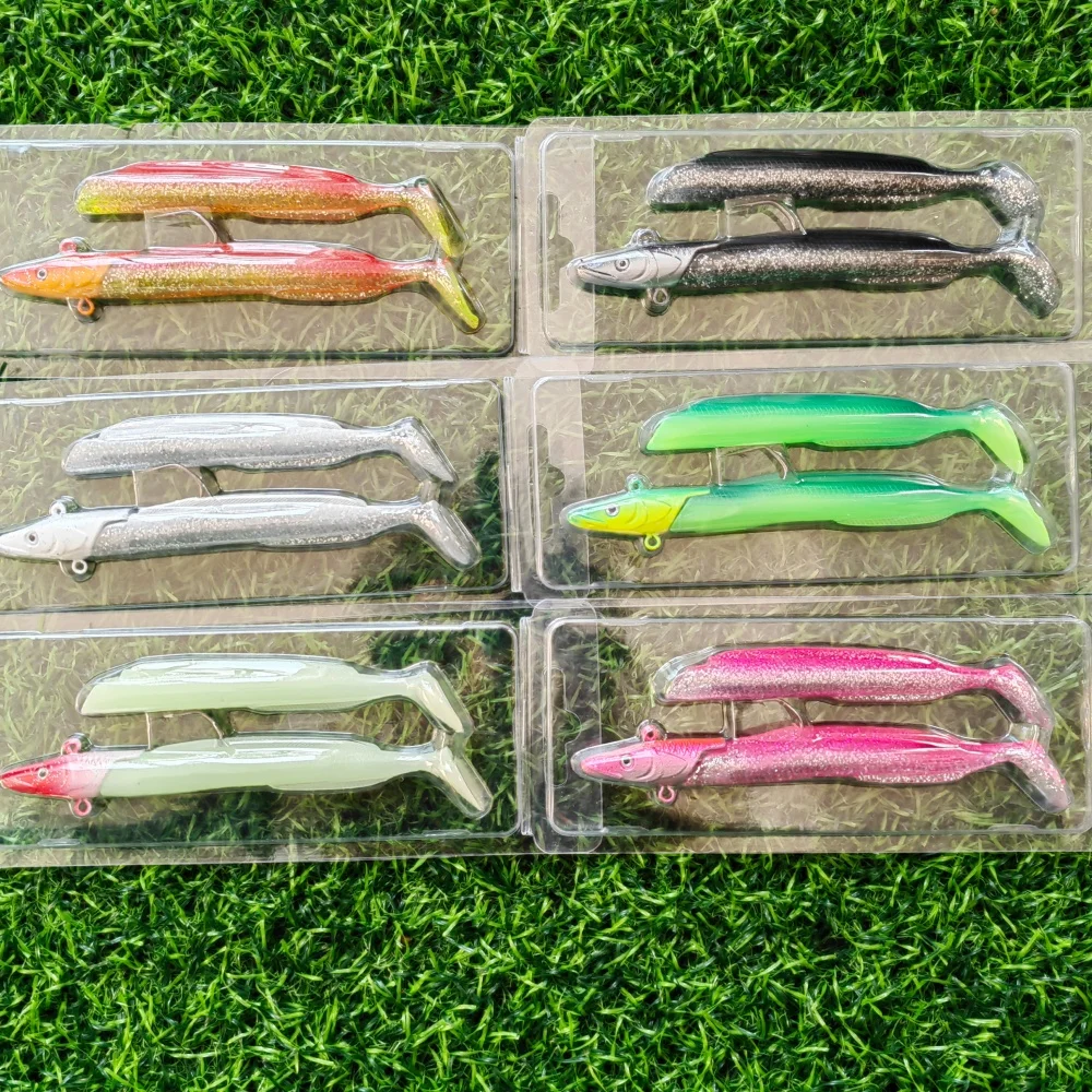 SWOLFY-Juego de señuelos blandos para pesca, cola en T luminosa, 12cm, 23g, cabeza de plomo de hundimiento lento, cebo de simulación Artificial para lubina/Trou