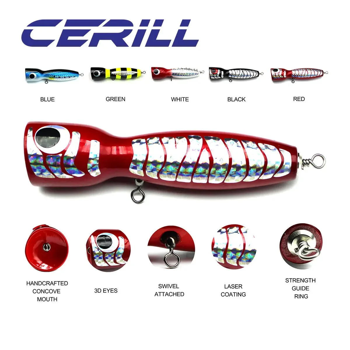 Ceril-señuelo de pesca de superficie Popper de madera hecho a mano, juego grande de arrastre, Jigging, Crankbait, cebo de atún de tiro largo, 19cm, 120g, 1 ud. - imagen 2