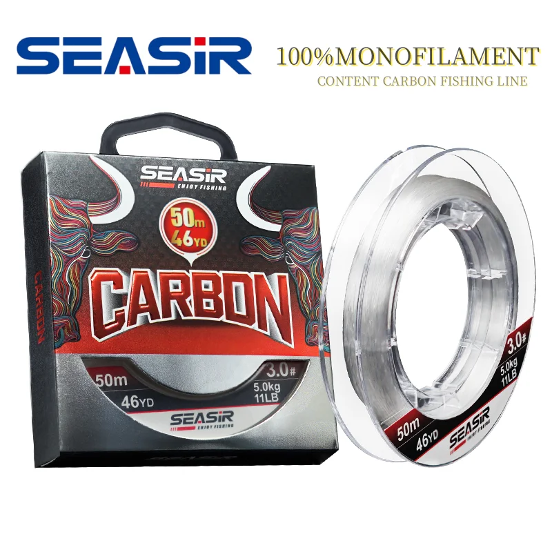Línea de Pesca de carbono Seasir 100%, monofilamento de calidad japonesa, 50M, 4-16LB, fluorocarbono que se hunde, Pesca líder