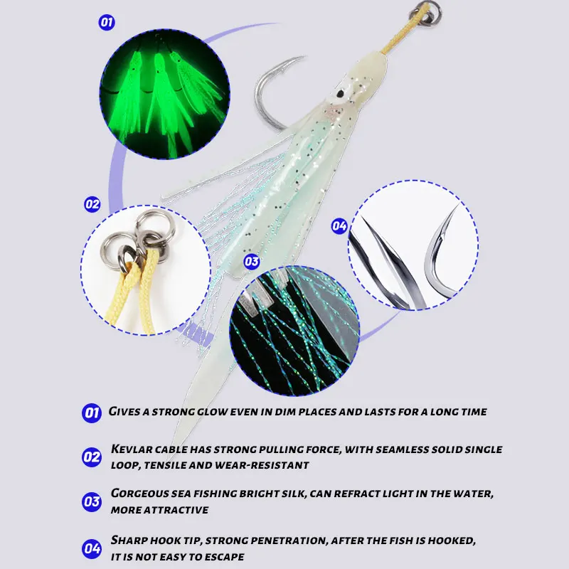 TEASER-anzuelos de pesca de Kevlar, anzuelos de calamar con falda de goma brillante, para agua salada, HK031, 3 unids/lote por bolsa, 2/0, 3/0, 5/0, 7/0 - imagen 5