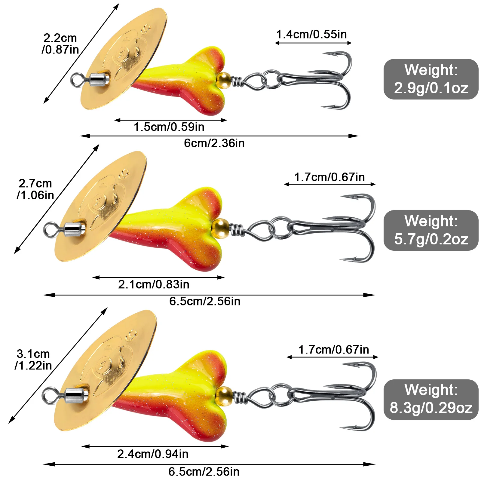 Señuelo de pesca giratorio, 3 uds., 2,8g-8,3g, cuchara de Metal giratoria en línea con anzuelo individual/acreble Wobbler para Lucio y trucha - imagen 5