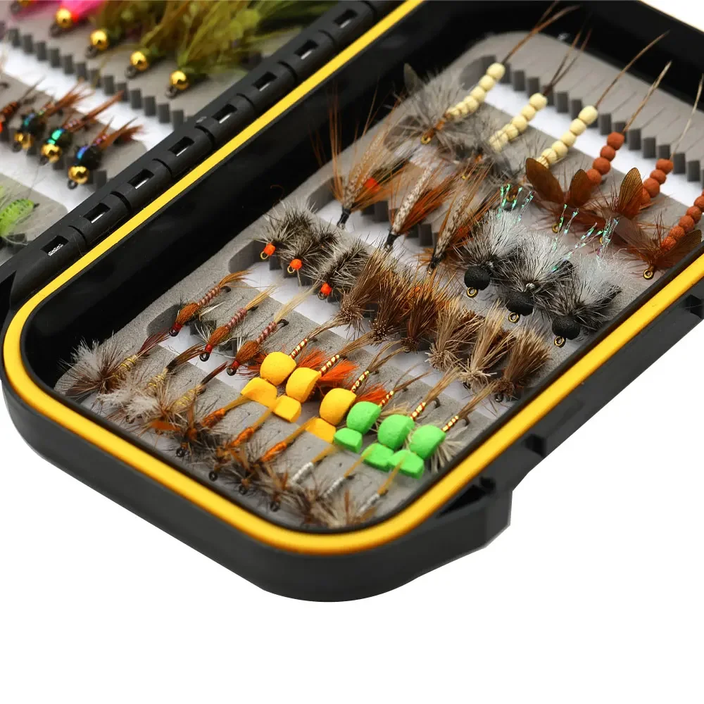Bimoo 72 Uds Kit de moscas/caja Adams mosca seca mayfly moscas secas Caddisfly cabeza de cuentas ninfas húmedas lanoso Bugger Streamer trucha señuelo para peces - imagen 4