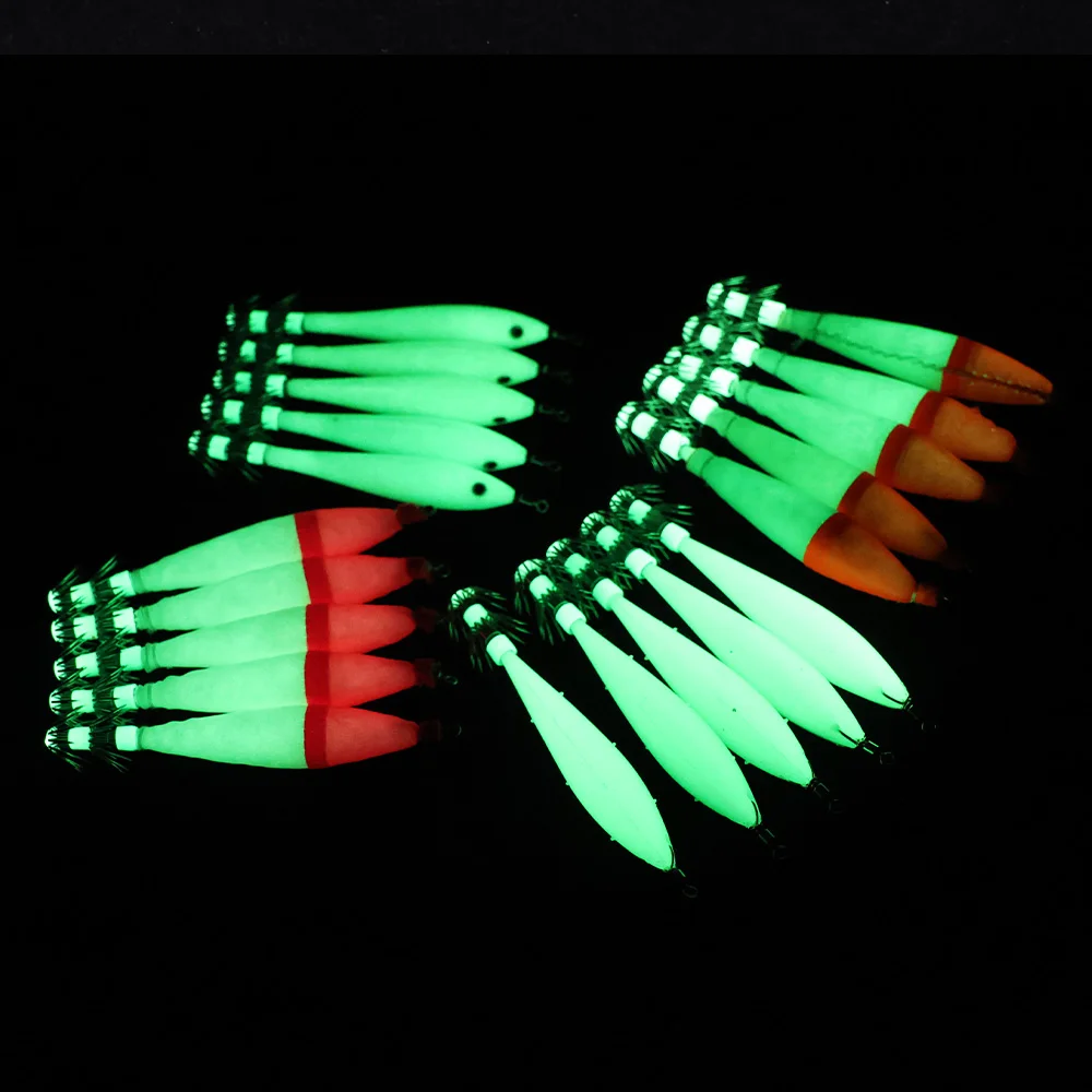 Ganchos de calamar de tubo de soplado luminoso de 5 uds, anzuelos de cebo falso simulados, anzuelos de calamar de doble capa, equipo de pesca de agua salada - imagen 2