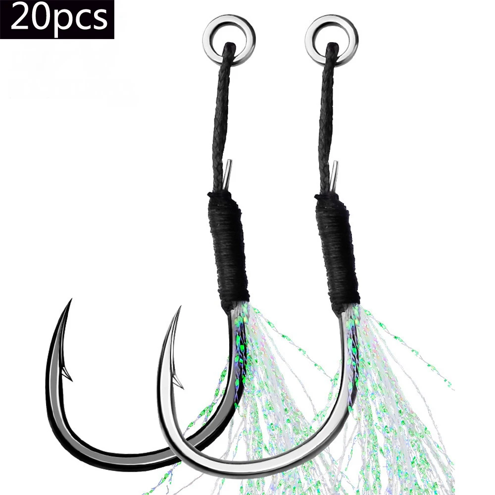 20 unids/lote, plantillas de Pesca de Jigging lento, anzuelo de asistencia con púas, anzuelos individuales, hilo de pluma, Pesca, señuelo de Pesca de acero rico en carbono