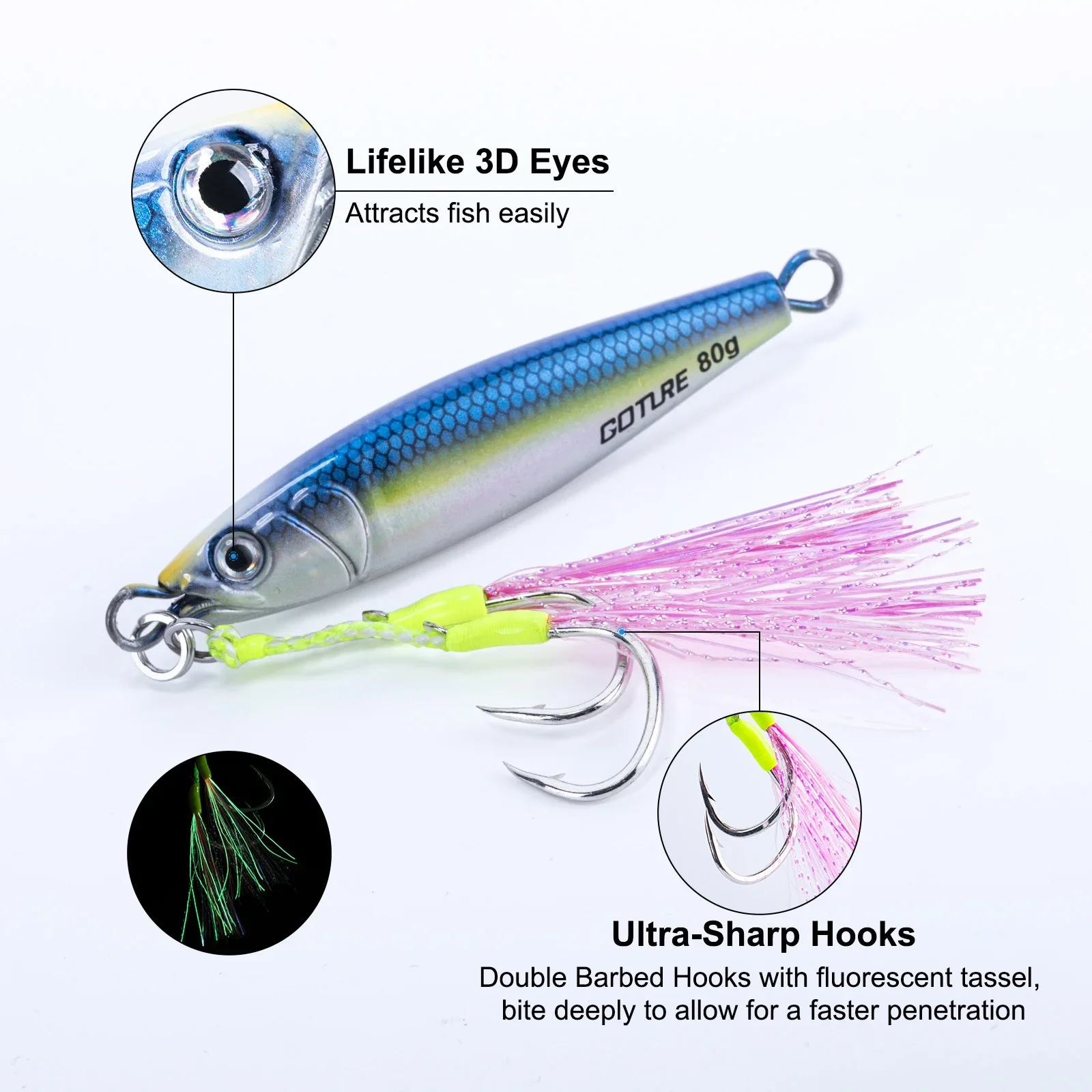 Goture Metal Jigging Lures 5pcs,60g/80g/100g/150g, 3D Lifelike Eyes Ultra-Sharp Hooks, Durable Glow in Dark Bionic Hard  Bait - imagen 2