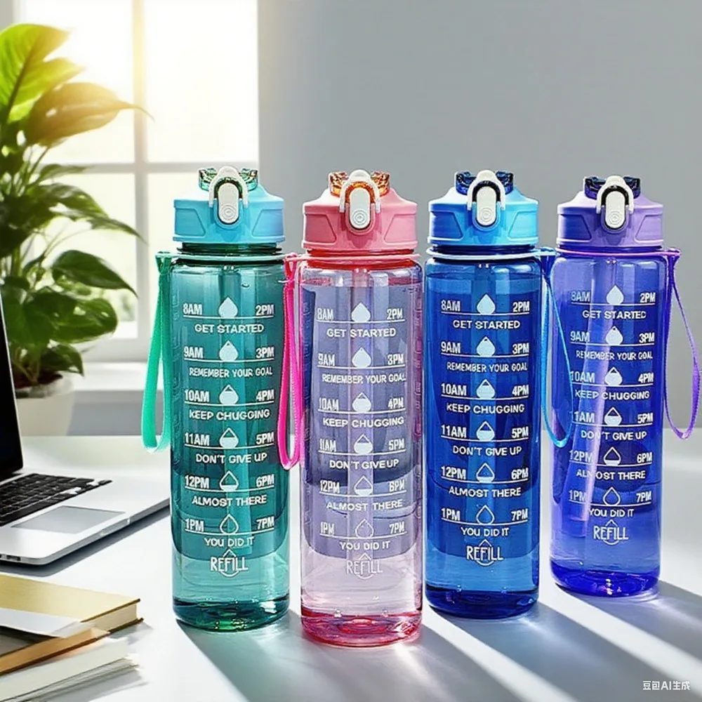 Botella de agua deportiva de gran capacidad, vaso de plástico a prueba de fugas con escala de tiempo, adecuado para viajes, Fitness, deportes, 750ml, 1 ud. - imagen 3