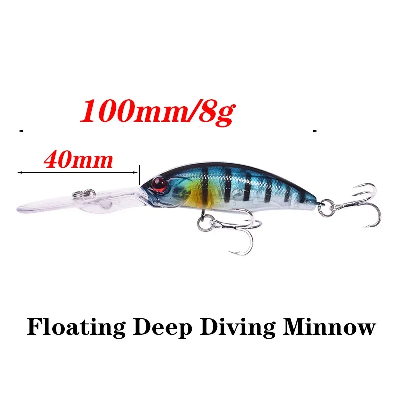 Señuelo de pesca Minnow de buceo, labios largos, 10cm, 8g, Wobblers flotantes, cebo duro Artificial con 6, 1 ud. # Gancho para Bass Pike Crankbait - imagen 3