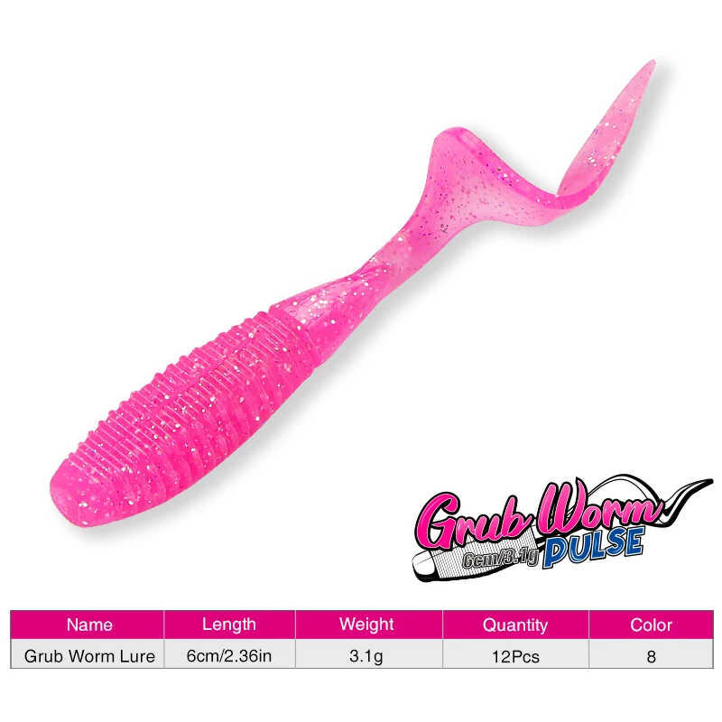 12 Uds gusano rizado 60mm 3,1g cebo suave pulso aparejo de pesca larva depredador señuelo de pesca para lubina Pike perca - imagen 2