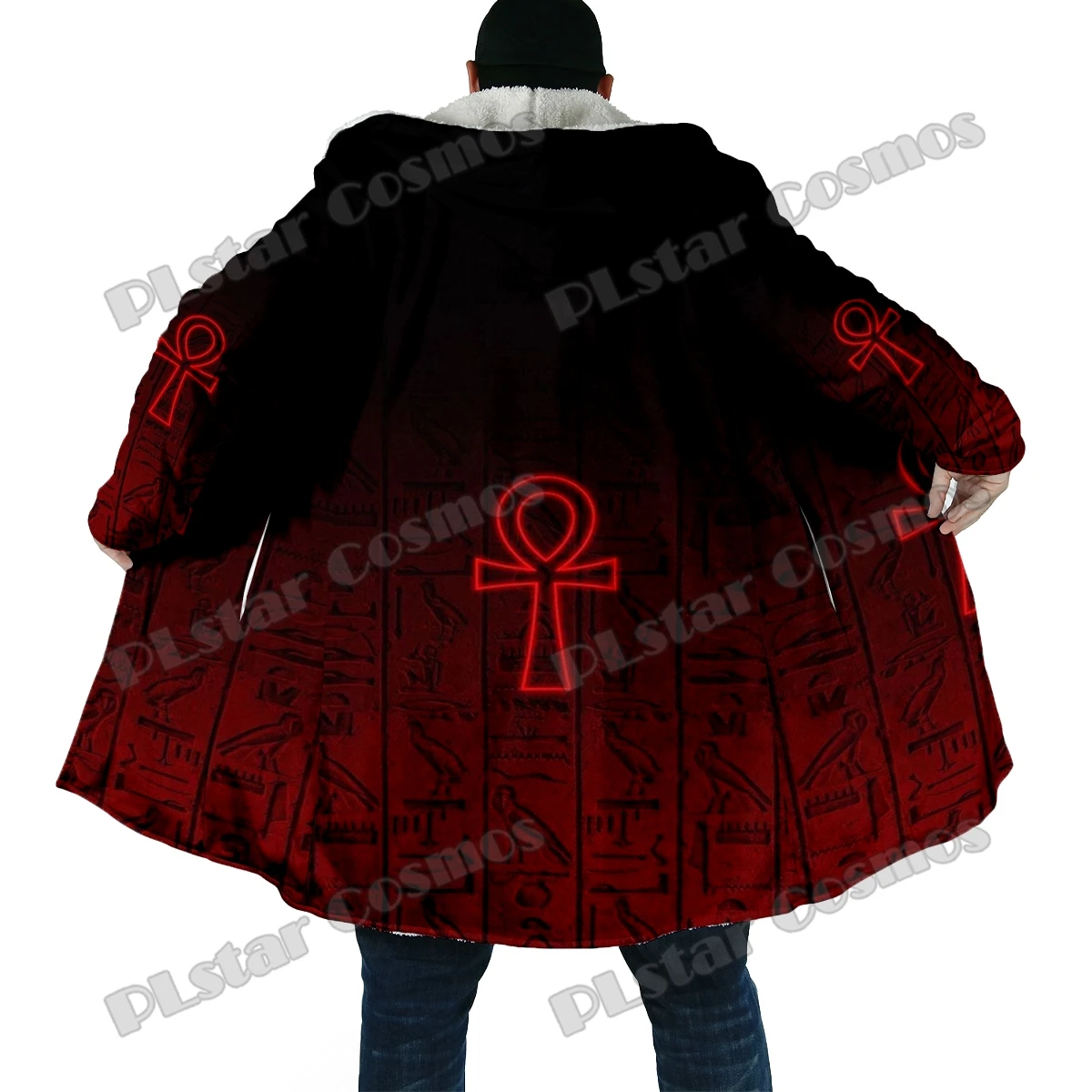 Capa de invierno a la moda para hombre, capa con capucha de lana gruesa con estampado 3D de Ankh y calavera del Antiguo Egipto, capa cálida informal Unisex DP37 - imagen 4