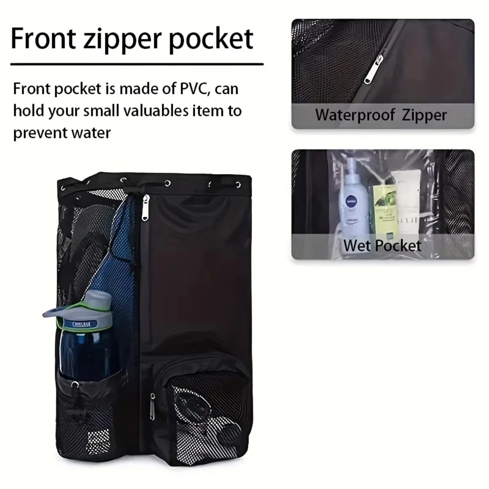 Mochila de malla, bolsa con cordón para natación, mochila con bolsillo húmedo, mochila de almacenamiento para la playa, bolsa de pesca al aire libre - imagen 4