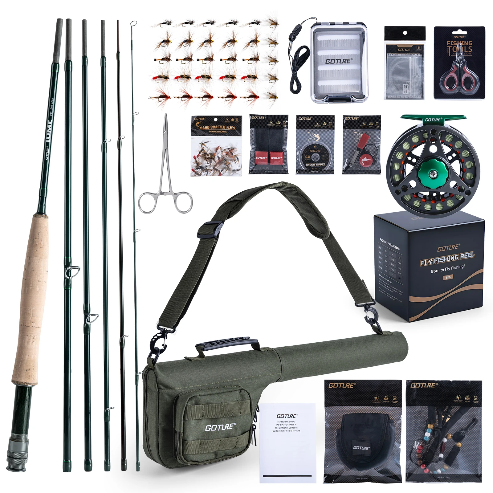 Goture-Kit de pesca con mosca, Combo de carrete de caña de peso 5/6 con bolsa de pesca portátil, carrete preenrollado, accesorios para moscas atados a mano