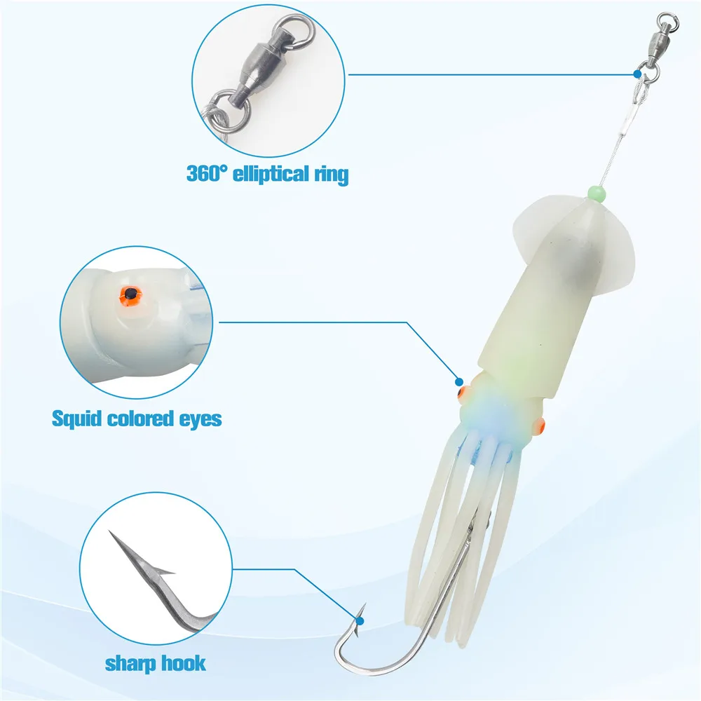 Señuelos de pesca de calamar de agua salada, 1 pieza, LED, 6/0 anzuelos, plantilla de calamar, halibut, Lincod, pelador de salmón, señuelos de curricán, faldas intermitentes, cebo - imagen 4