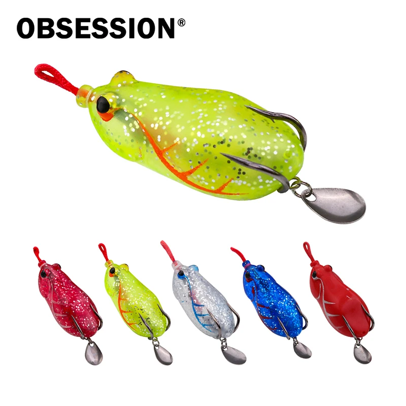 OBSESSION 1 pieza 10g Topwater señuelo de rana de silicona suave pesca artificial cebo de rana suave con cucharas giratorias