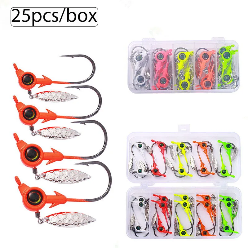 25 uds anzuelo con cabeza de anzuelo 3,5g 5g anzuelo de pesca giratorio lentejuelas anzuelos señuelo cucharas de Metal cebos duros para aparejos de pesca de gusanos blandos