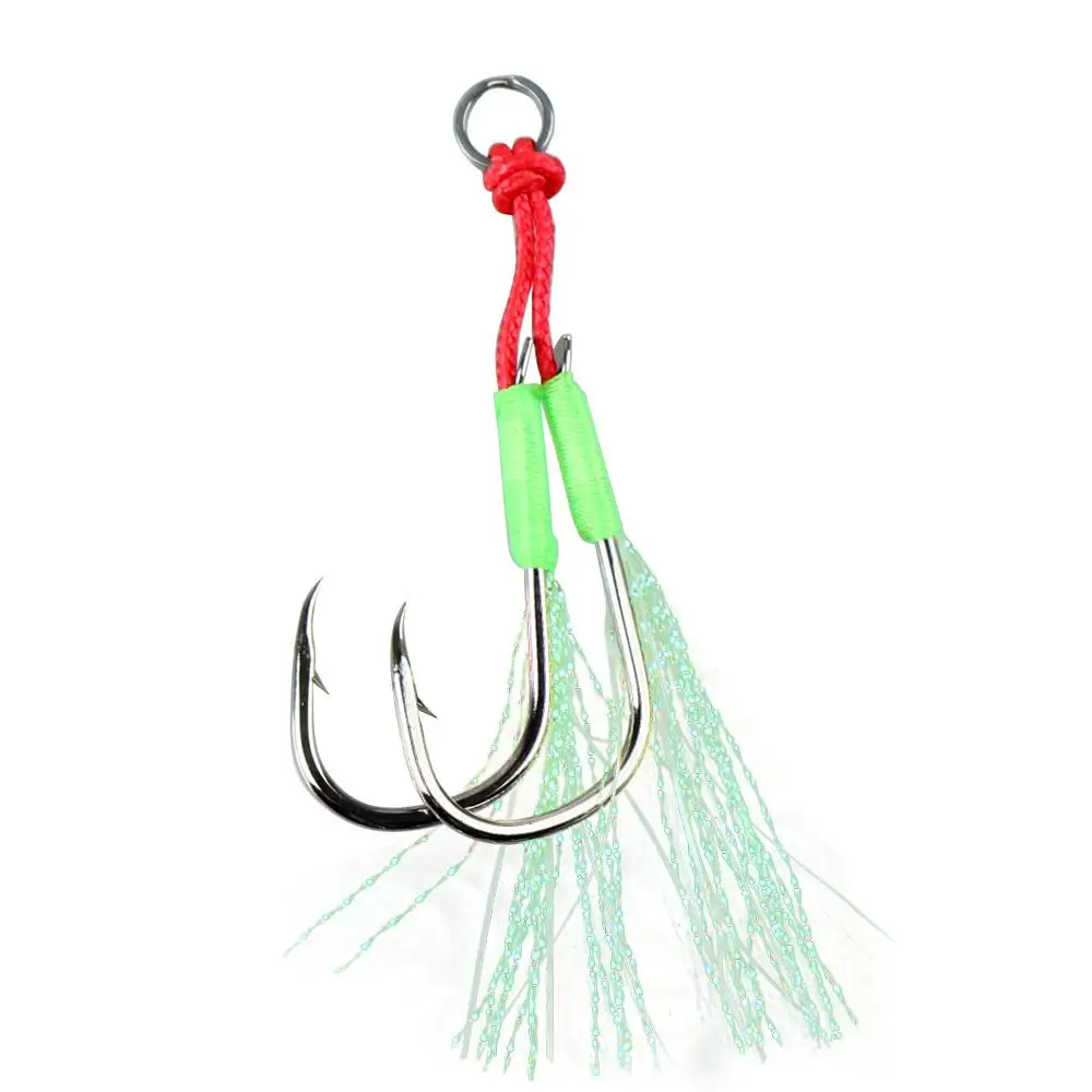 1 anzuelo de pesca luminoso 10 # -20 # Anzuelo de asistencia plantilla señuelo doble gancho lento rápido doble par Jigging Fish jig anzuelos de asistencia - imagen 5