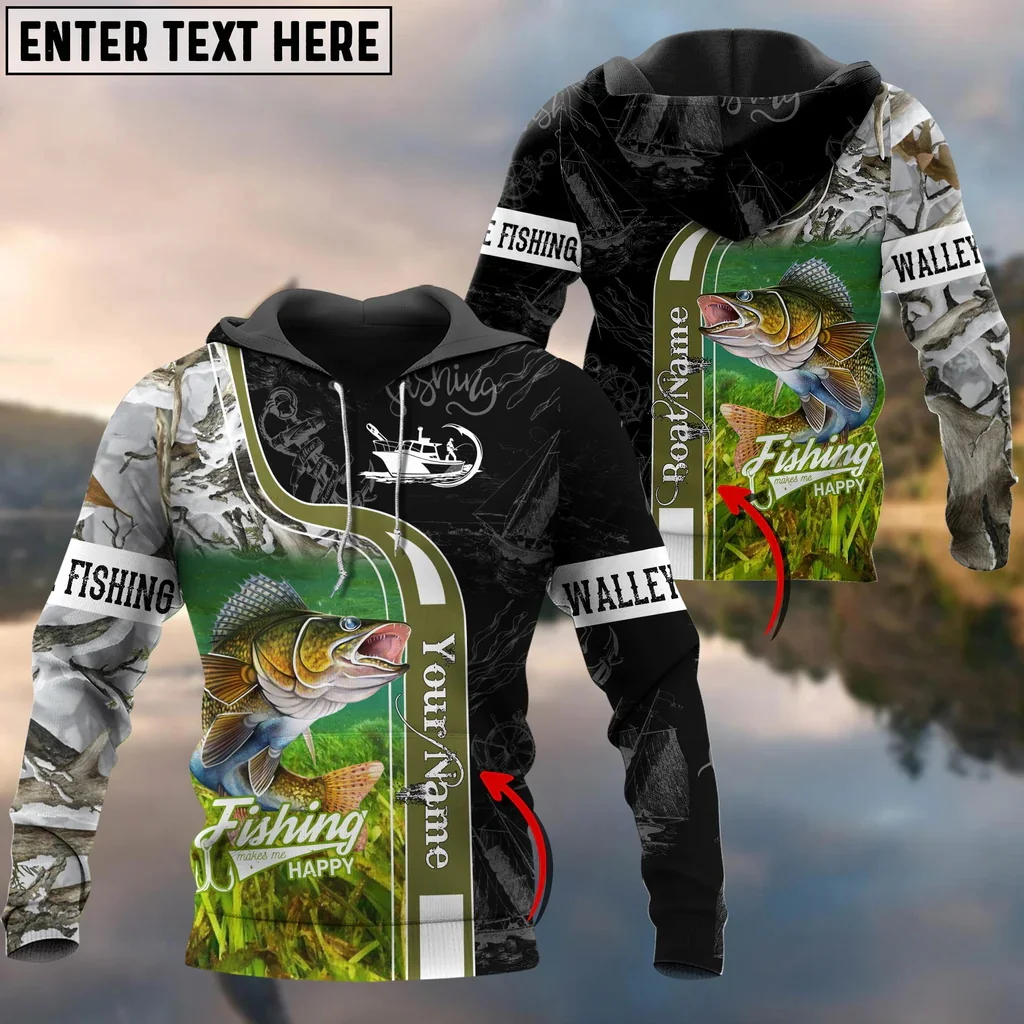 Nombre personalizado Walleye Fishing Me hace feliz 3D impreso sudaderas con capucha de moda para hombres otoño Unisex Casual Sudadera con capucha QDY62