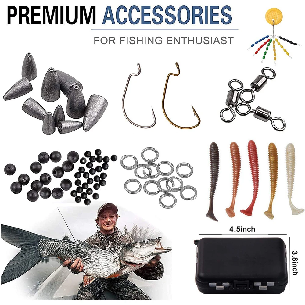 Kit de aparejos de pesca de lubina que incluye Bullet Worm, plomo de peso, señuelos de gusano blando, anzuelos giratorios, cuentas de anillo dividido, 370 unids/lote por caja - imagen 3