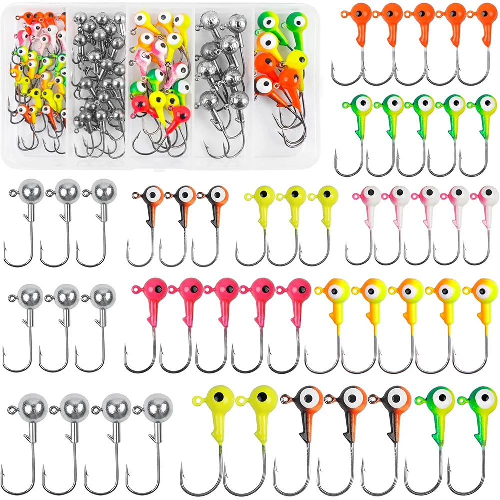 75 Uds. Cabezas de anzuelo de pesca, anzuelos redondos, Señuelos de pesca, cabezas de anzuelo tipo tipo Crappie, anzuelos para lubina, trucha, tipo tipo de pez, aparejos de pesca dorados