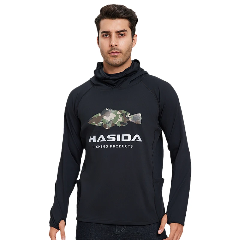 HISTAR camuflaje pez 3D Cutt cubierta facial completa UVF95% bloqueo de calor bolsillo grande puños de dedo chaqueta de pesca de lana sudadera tela