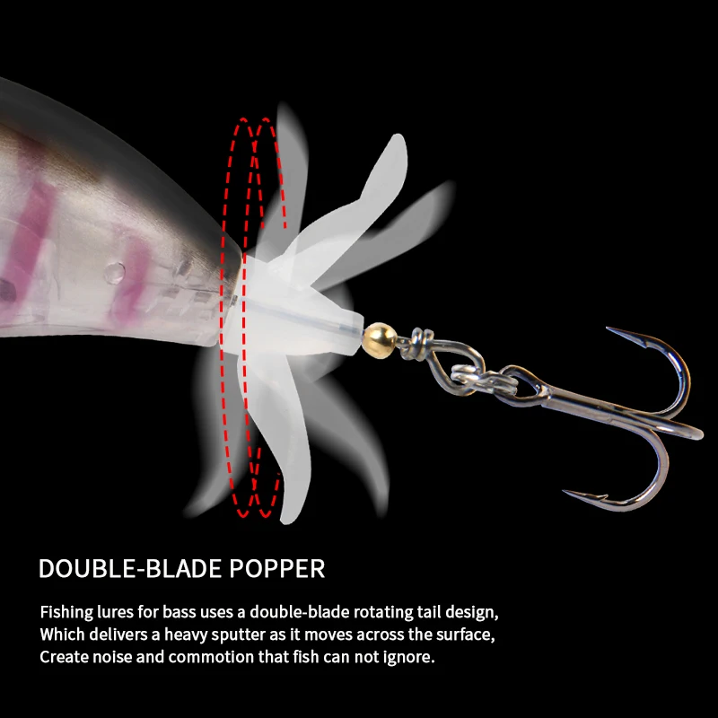 LETOYO 40mm 50mm Topwater Whopper Popper giratorio doble hélice cola cebo Artificial para lubina Señuelos de Pesca - imagen 5