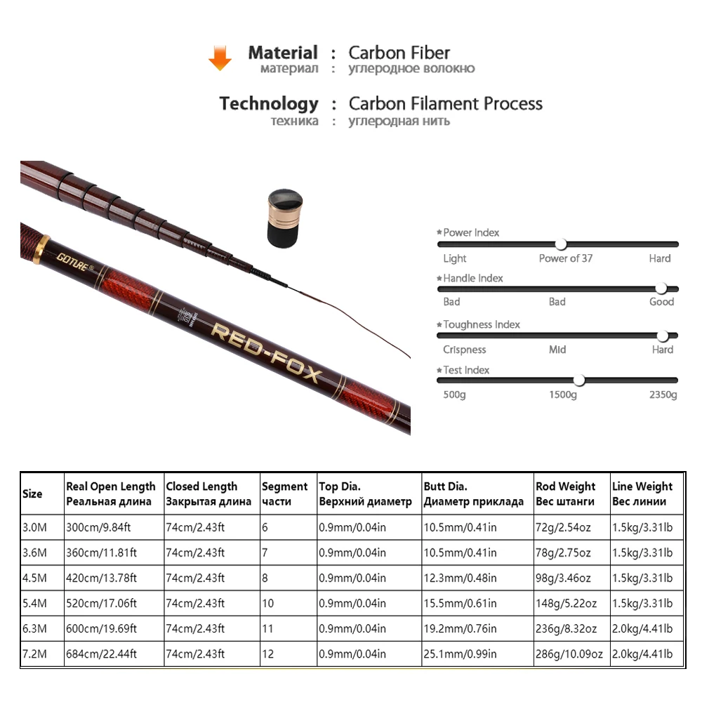 Caña de pescar de carpa Goture RED FOX, caña de pescar ultraligera de fibra de carbono, caña de pescar manual de Taiwán para agua dulce de 3,0 m-7,2 m - imagen 2