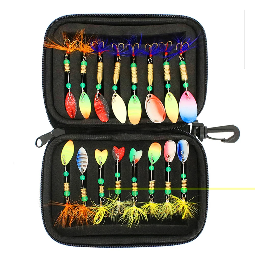 Juego de cebo giratorio de Metal con plumas, señuelo de pesca giratorio de 16 piezas, Crankbaits artificiales, Wobblers para Lucio, Kit de ganchillo para agua salada - imagen 3